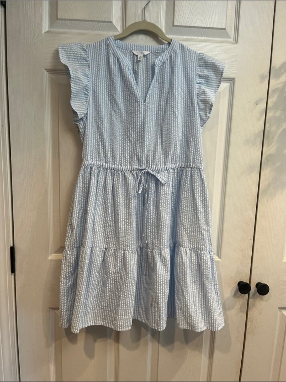 Time and Tru Blue and White Striped Seersucker Tie-Waist Tiered Dress
